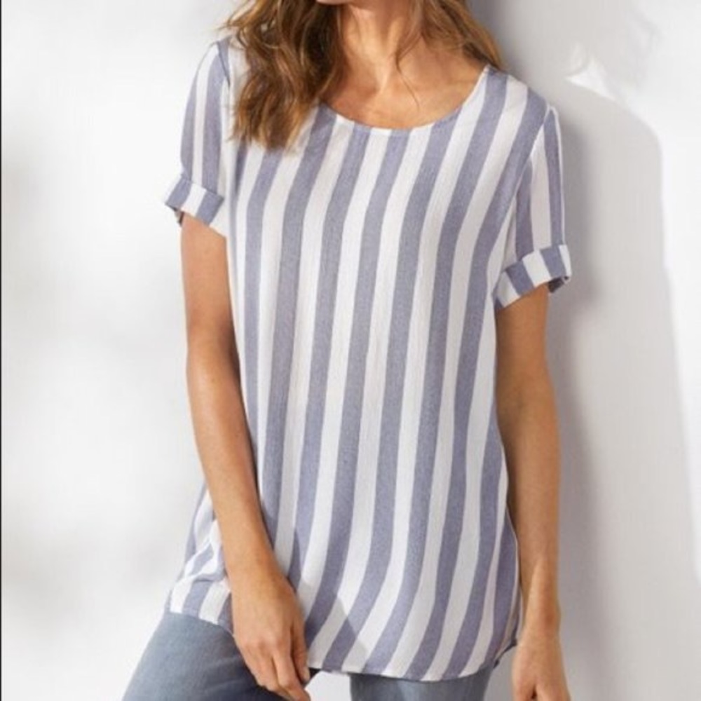 Soft Surroundings Top White and Blue Striped Cabana Tee Size Medium
